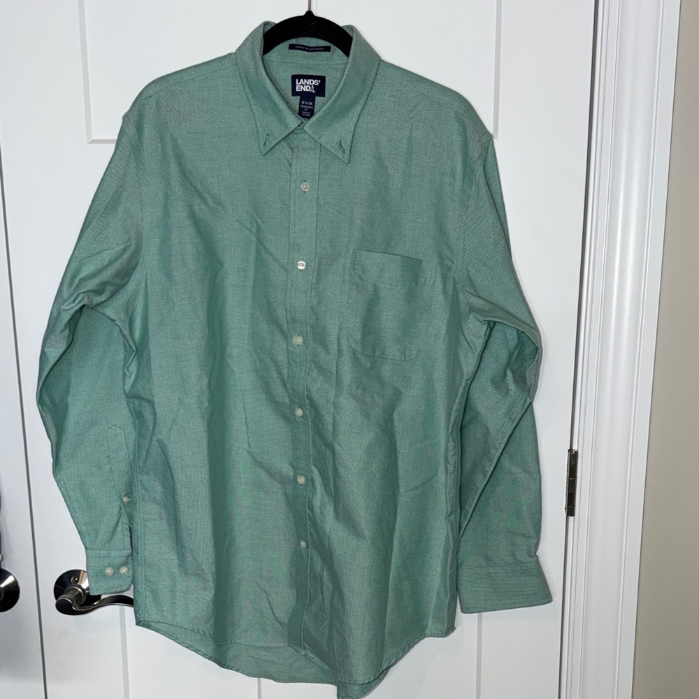 Lands’ End Light Green Teal Long Sleeve Traditional Fit Button-Up - 16.5-34